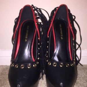 Saddle Red/Black Fringe Platform Stilettos